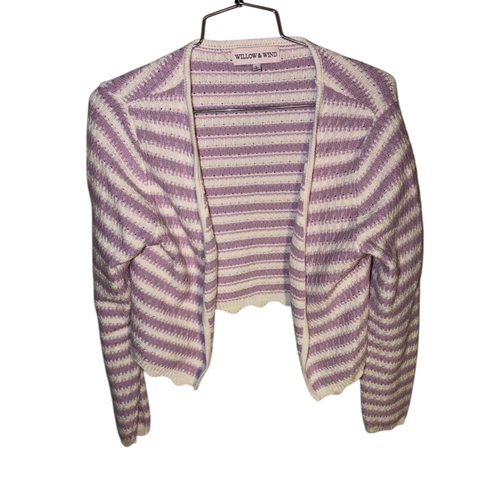 Willow & Wind Women Purple Cream Striped Cropped Cardigan Sweater Size L